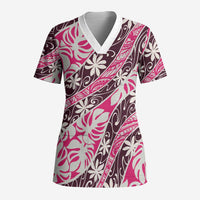Tarona Tahiti Tiare Monstera Scrub Top Polynesian Pattern Curve Style - Polynesian Pride