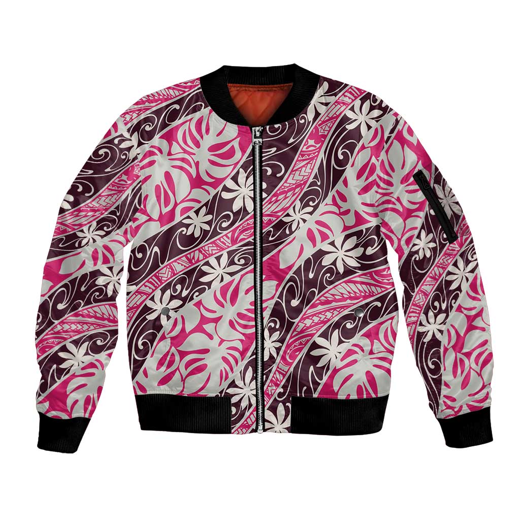 Tarona Tahiti Tiare Monstera Sleeve Zip Bomber Jacket Polynesian Pattern Curve Style - Polynesian Pride