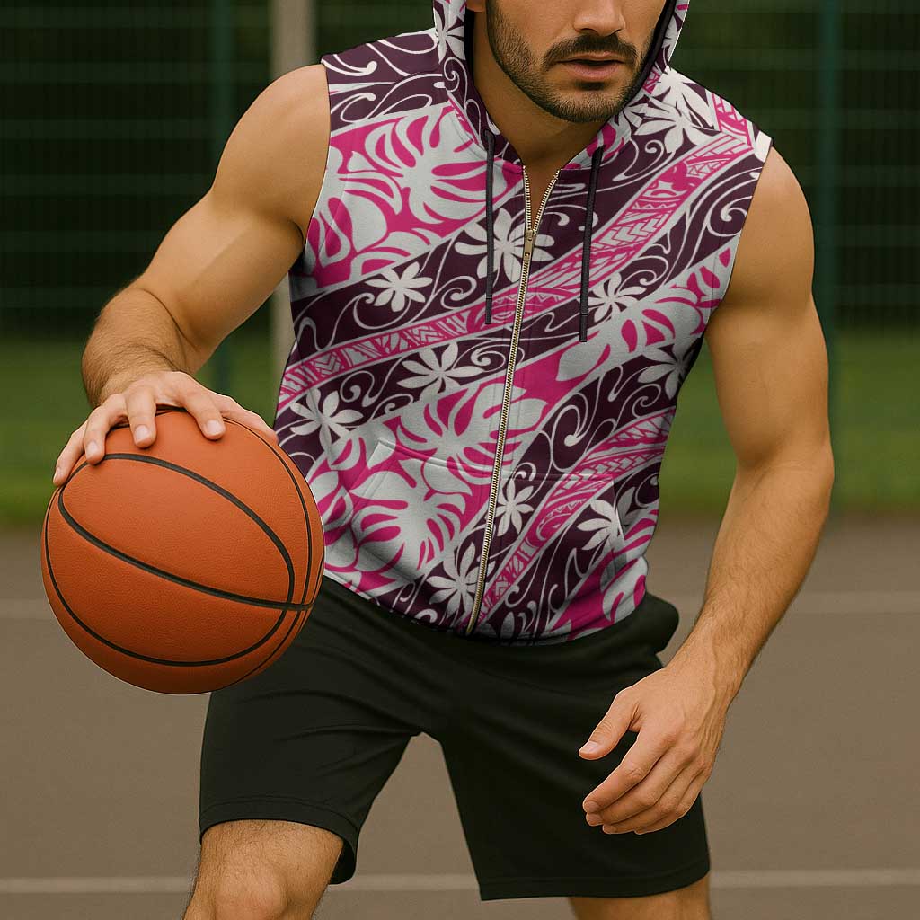 Tarona Tahiti Tiare Monstera Sleeveless Zip Hoodie Polynesian Pattern Curve Style - Polynesian Pride