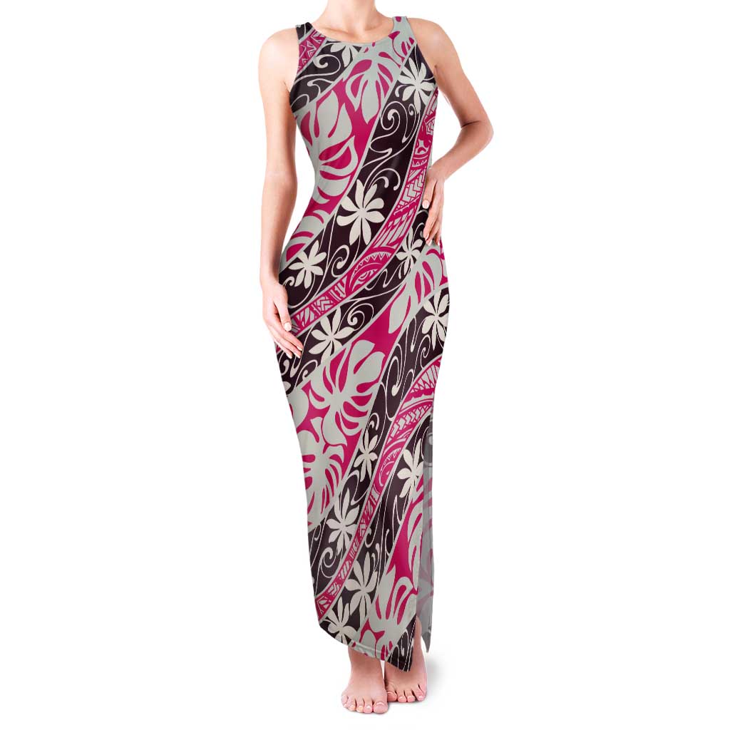 Tarona Tahiti Tiare Monstera Tank Maxi Dress Polynesian Pattern Curve Style - Polynesian Pride