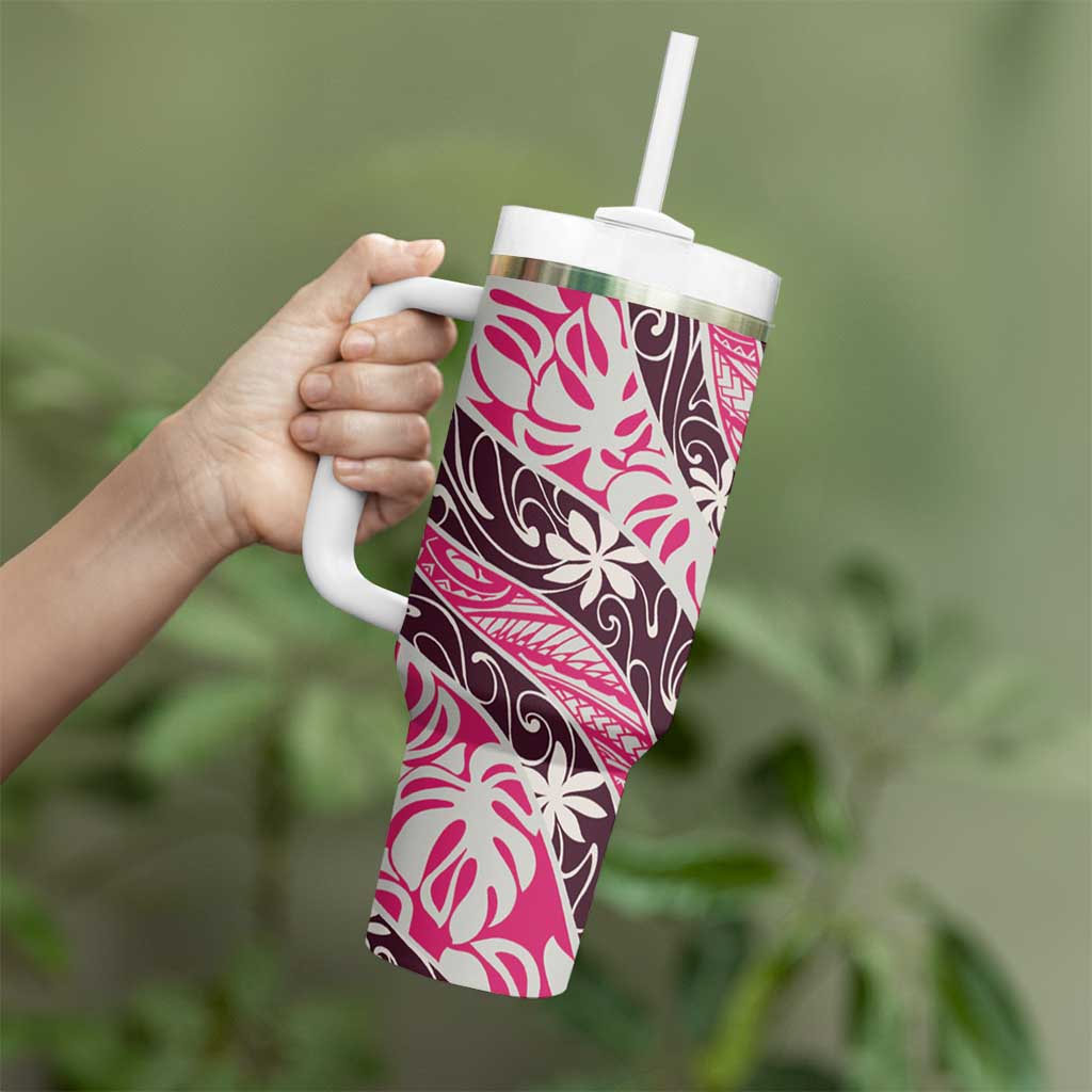 Tarona Tahiti Tiare Monstera Tumbler With Handle Polynesian Pattern Curve Style - Polynesian Pride