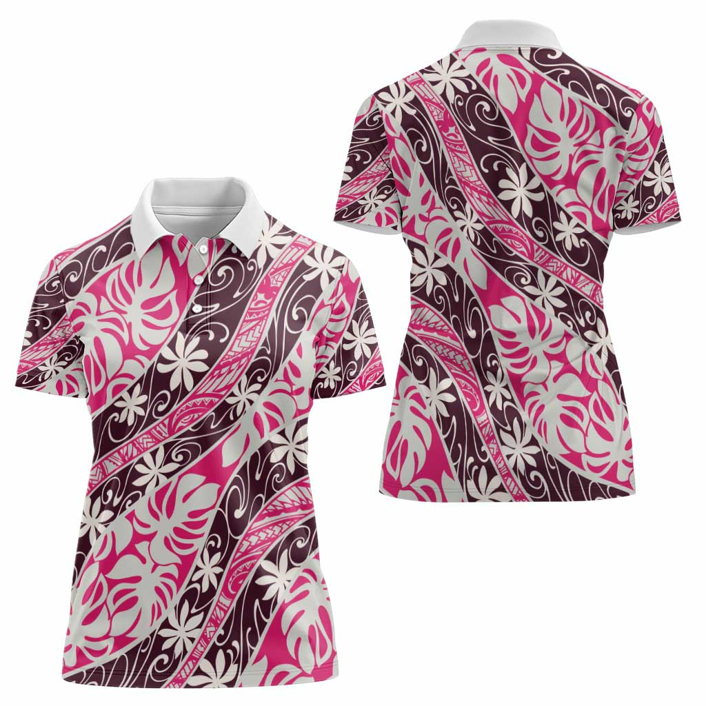 Tarona Tahiti Tiare Monstera Women Polo Shirt Polynesian Pattern Curve Style - Polynesian Pride