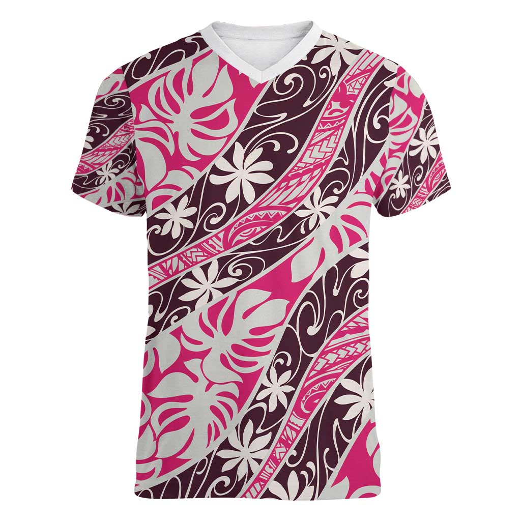 Tarona Tahiti Tiare Monstera Women V-Neck T-Shirt Polynesian Pattern Curve Style - Polynesian Pride