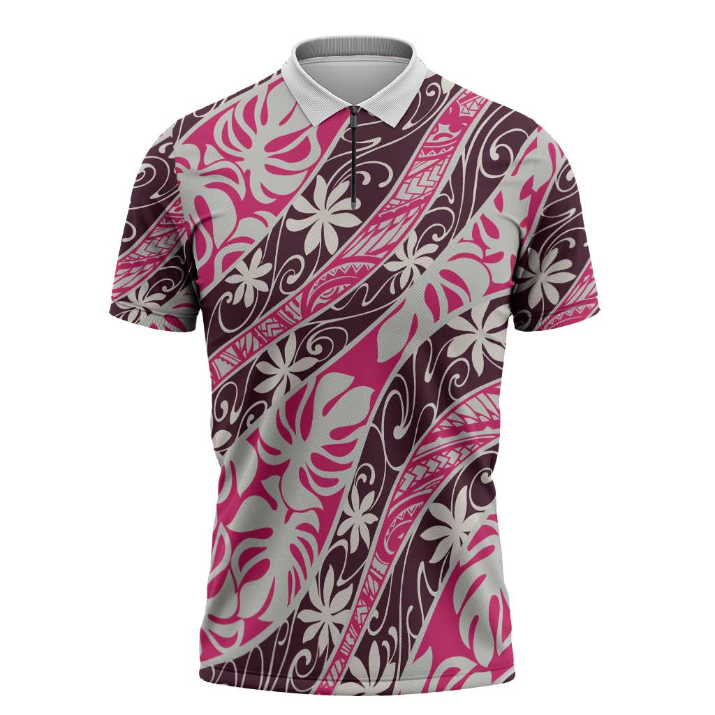 Tarona Tahiti Tiare Monstera Zipper Polo Shirt Polynesian Pattern Curve Style - Polynesian Pride