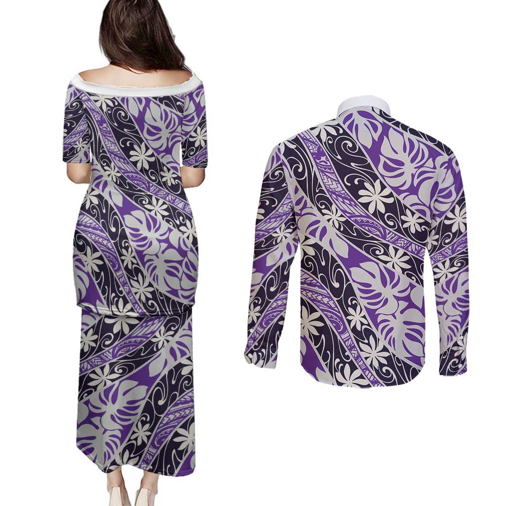 Vareau Tahiti Tiare Monstera Couples Matching Puletasi and Long Sleeve Button Shirt Polynesian Pattern Curve Style - Polynesian Pride