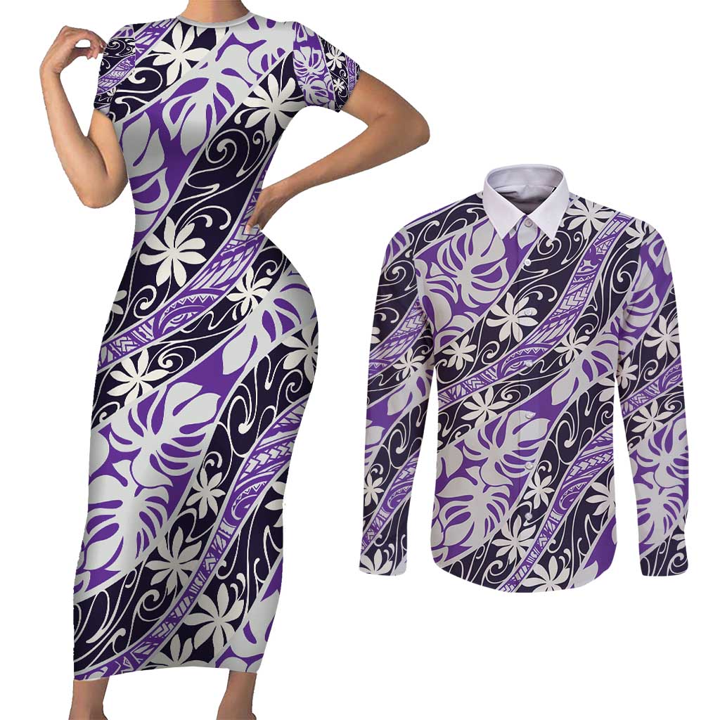 Vareau Tahiti Tiare Monstera Couples Matching Short Sleeve Bodycon Dress and Long Sleeve Button Shirt Polynesian Pattern Curve Style - Polynesian Pride