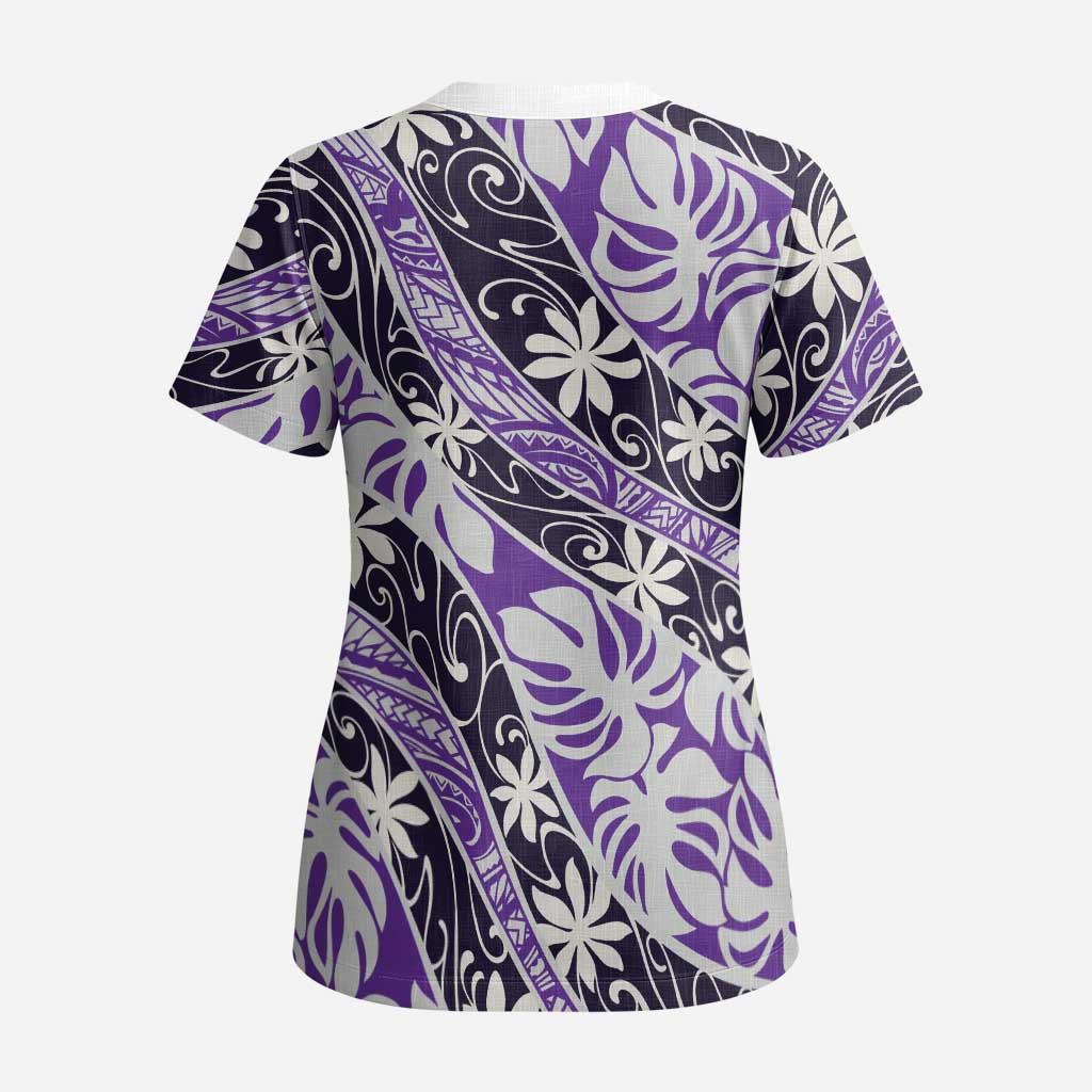 Vareau Tahiti Tiare Monstera Scrub Top Polynesian Pattern Curve Style - Polynesian Pride