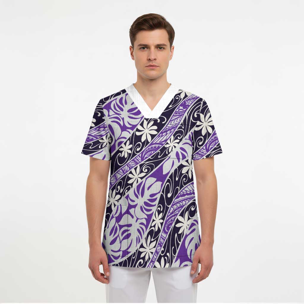 Vareau Tahiti Tiare Monstera Scrub Top Polynesian Pattern Curve Style - Polynesian Pride