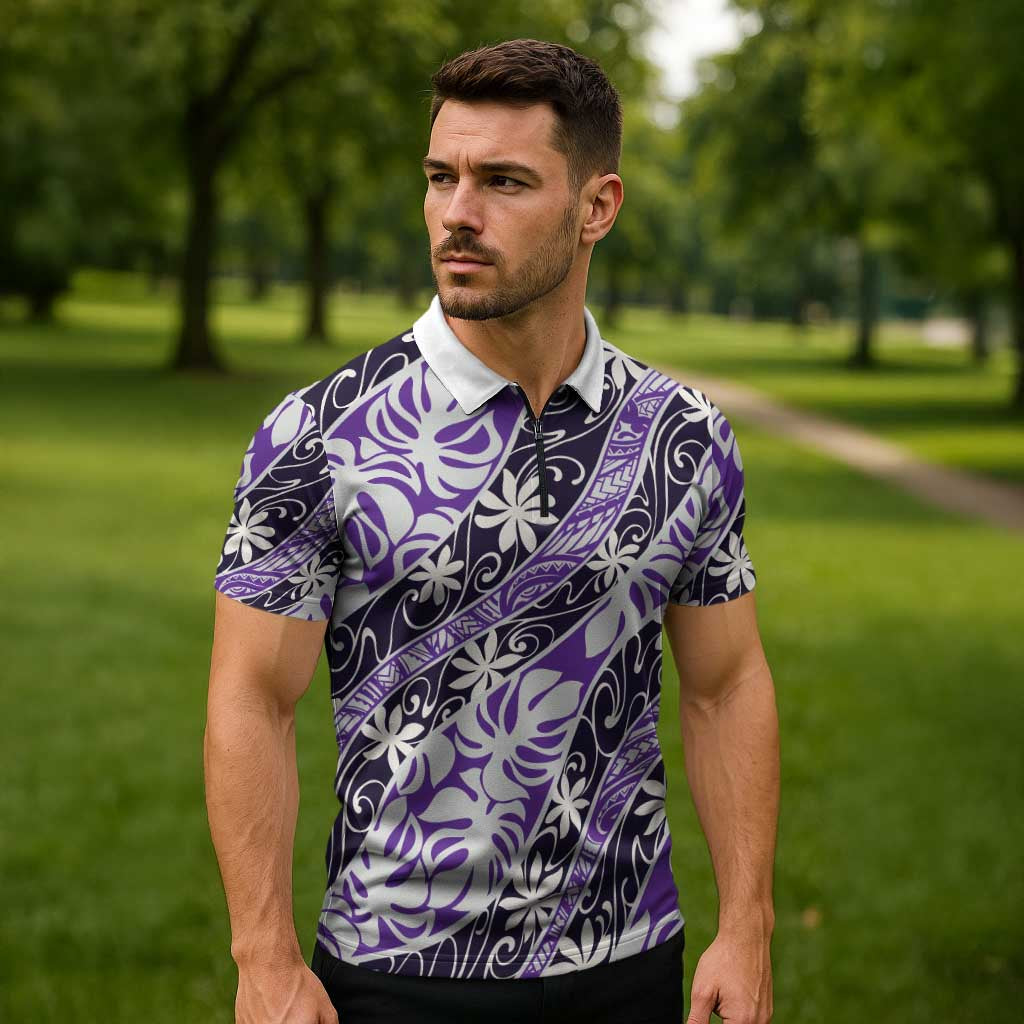 Vareau Tahiti Tiare Monstera Zipper Polo Shirt Polynesian Pattern Curve Style - Polynesian Pride