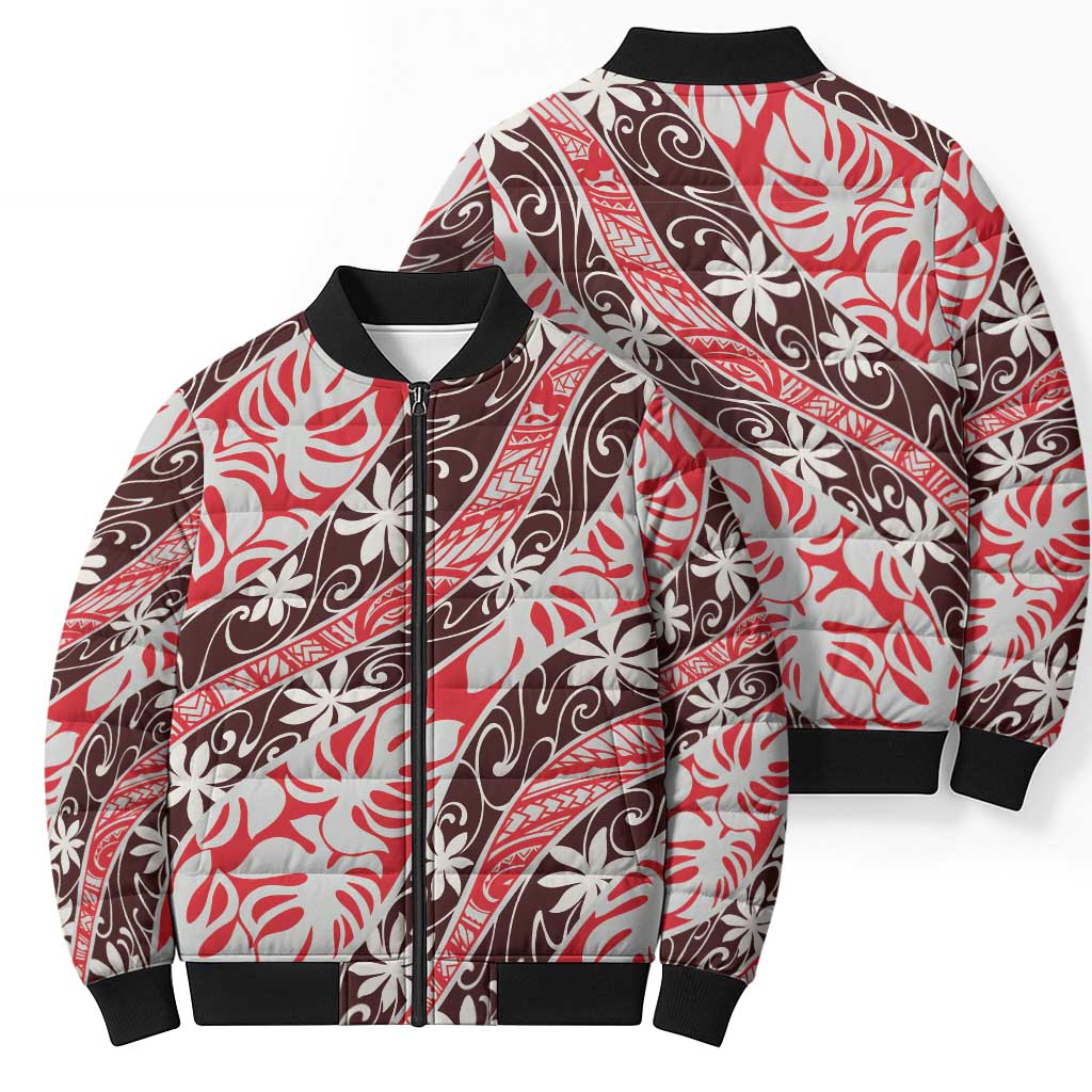 Uteute Tahiti Tiare Monstera Bomber Puffer Jacket Polynesian Pattern Curve Style - Polynesian Pride