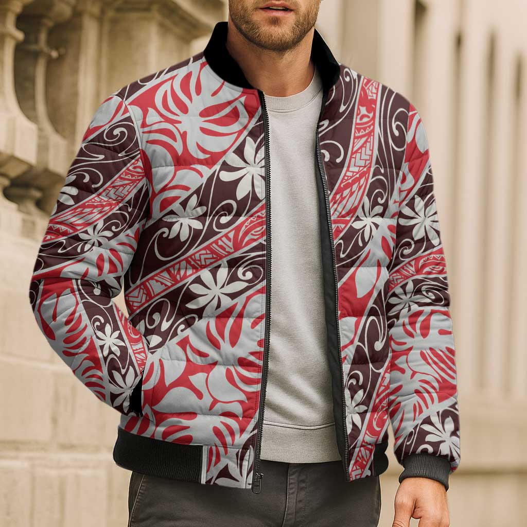 Uteute Tahiti Tiare Monstera Bomber Puffer Jacket Polynesian Pattern Curve Style - Polynesian Pride