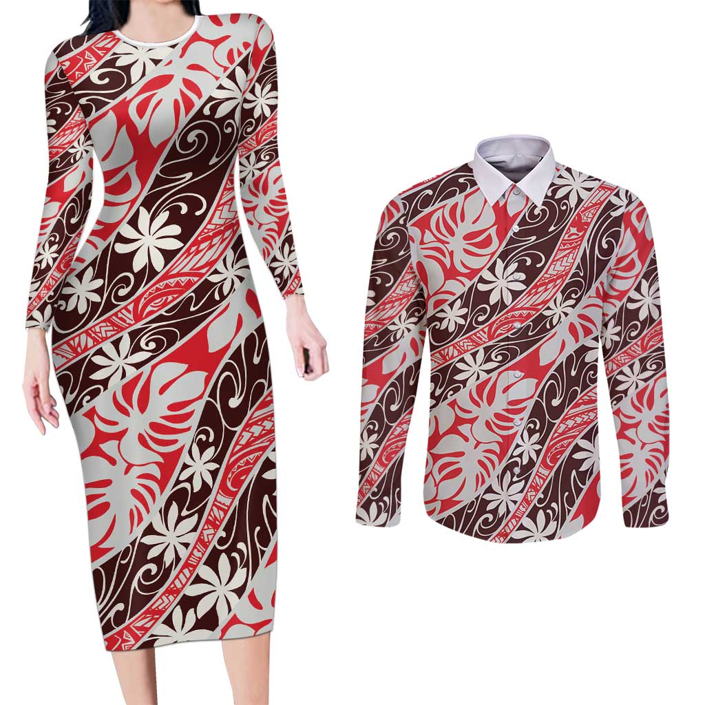 Uteute Tahiti Tiare Monstera Couples Matching Long Sleeve Bodycon Dress and Long Sleeve Button Shirt Polynesian Pattern Curve Style - Polynesian Pride