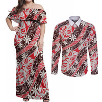 Uteute Tahiti Tiare Monstera Couples Matching Off Shoulder Maxi Dress and Long Sleeve Button Shirt Polynesian Pattern Curve Style - Polynesian Pride