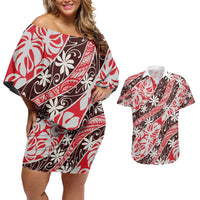 Uteute Tahiti Tiare Monstera Couples Matching Off Shoulder Short Dress and Hawaiian Shirt Polynesian Pattern Curve Style - Polynesian Pride