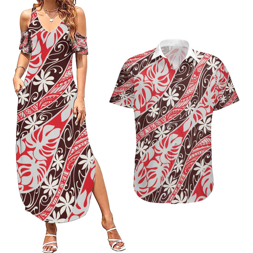 Uteute Tahiti Tiare Monstera Couples Matching Summer Maxi Dress and Hawaiian Shirt Polynesian Pattern Curve Style - Polynesian Pride