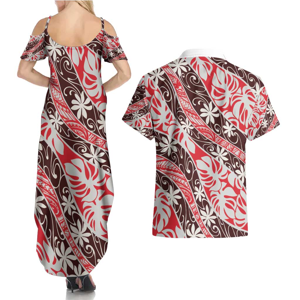 Uteute Tahiti Tiare Monstera Couples Matching Summer Maxi Dress and Hawaiian Shirt Polynesian Pattern Curve Style - Polynesian Pride