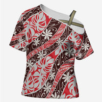 Uteute Tahiti Tiare Monstera Cross Shoulder Shirt Polynesian Pattern Curve Style - Polynesian Pride