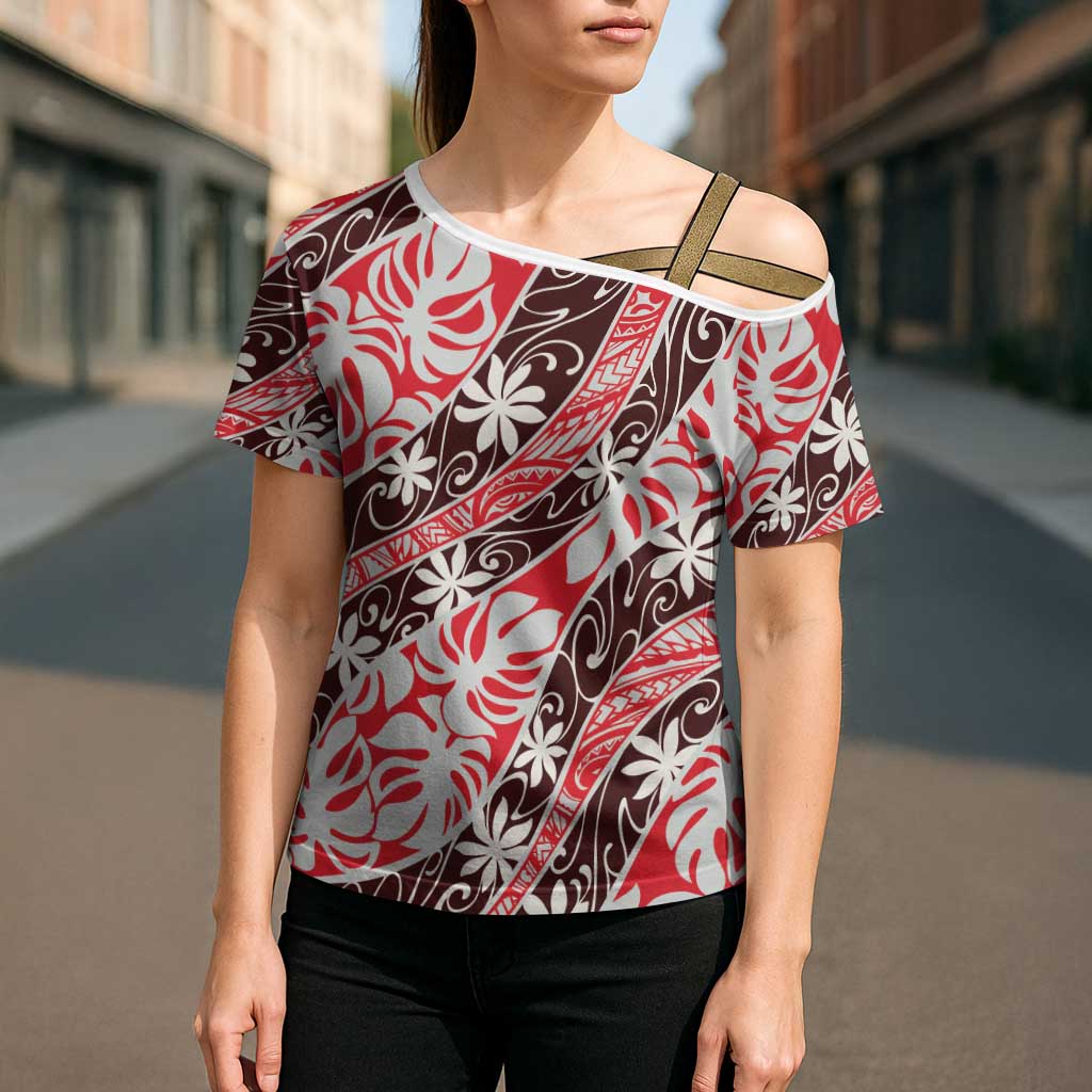 Uteute Tahiti Tiare Monstera Cross Shoulder Shirt Polynesian Pattern Curve Style - Polynesian Pride