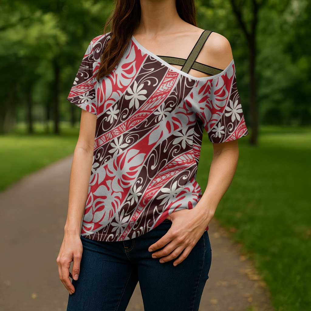 Uteute Tahiti Tiare Monstera Cross Shoulder Shirt Polynesian Pattern Curve Style - Polynesian Pride
