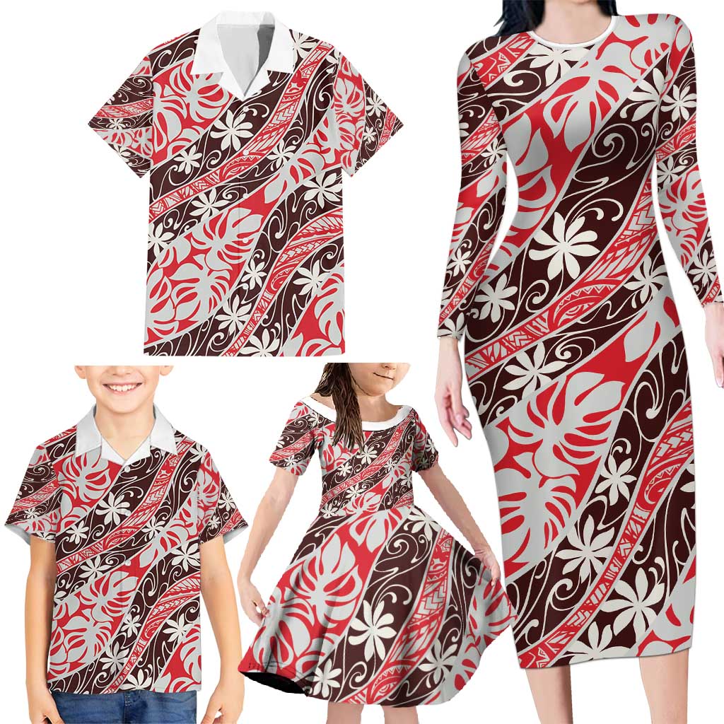 Uteute Tahiti Tiare Monstera Family Matching Long Sleeve Bodycon Dress and Hawaiian Shirt Polynesian Pattern Curve Style - Polynesian Pride