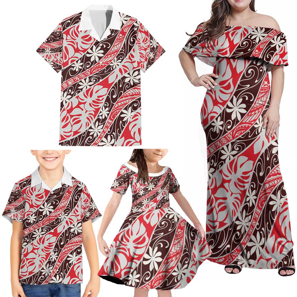 Uteute Tahiti Tiare Monstera Family Matching Off Shoulder Maxi Dress and Hawaiian Shirt Polynesian Pattern Curve Style - Polynesian Pride