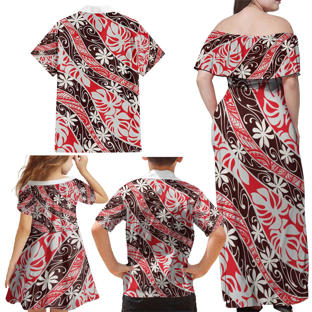 Uteute Tahiti Tiare Monstera Family Matching Off Shoulder Maxi Dress and Hawaiian Shirt Polynesian Pattern Curve Style - Polynesian Pride