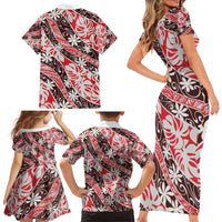 Uteute Tahiti Tiare Monstera Family Matching Short Sleeve Bodycon Dress and Hawaiian Shirt Polynesian Pattern Curve Style - Polynesian Pride