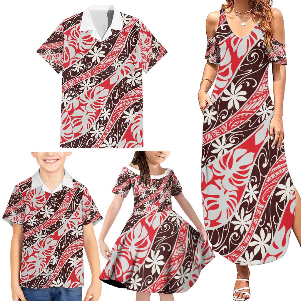 Uteute Tahiti Tiare Monstera Family Matching Summer Maxi Dress and Hawaiian Shirt Polynesian Pattern Curve Style - Polynesian Pride