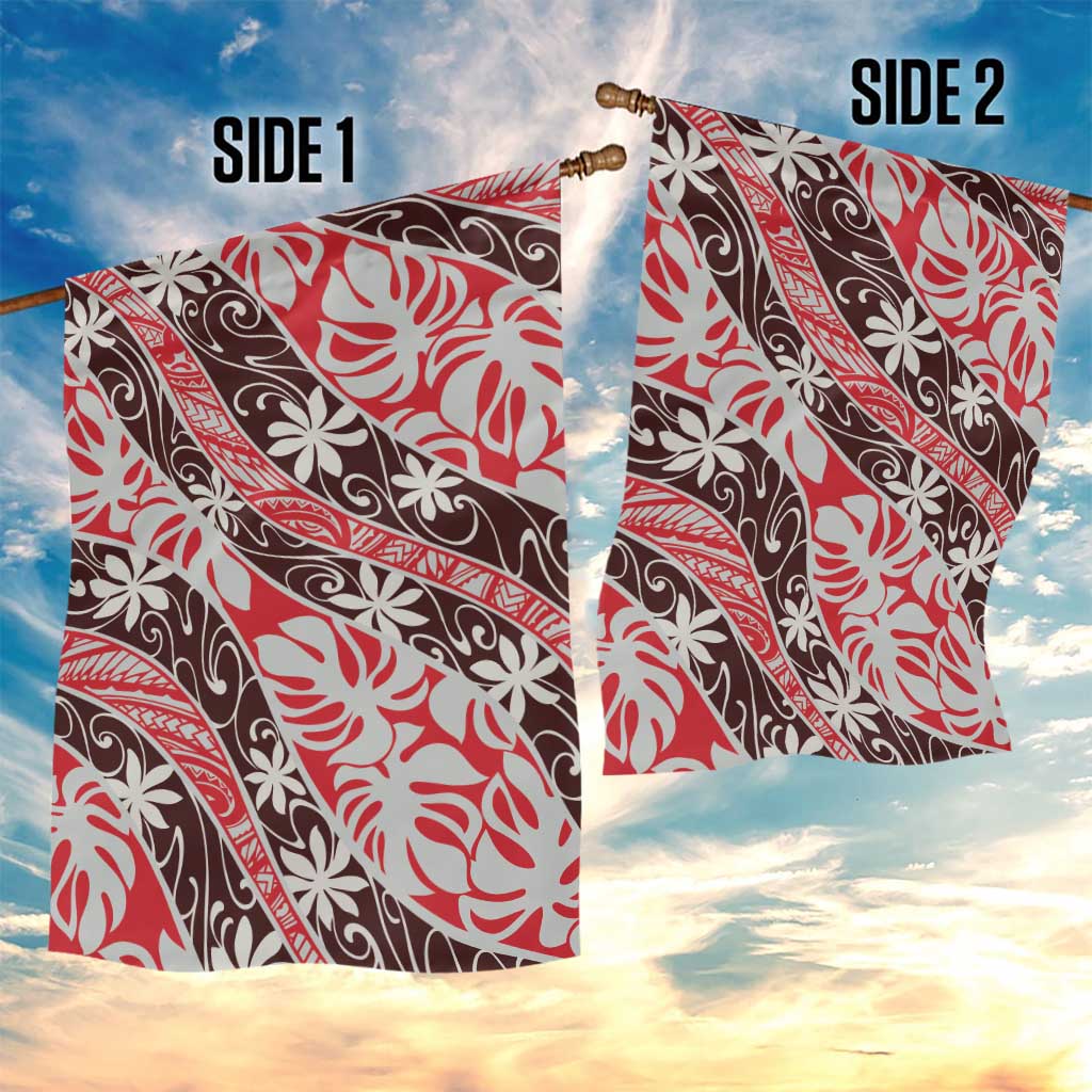Uteute Tahiti Tiare Monstera Garden Flag Polynesian Pattern Curve Style - Polynesian Pride