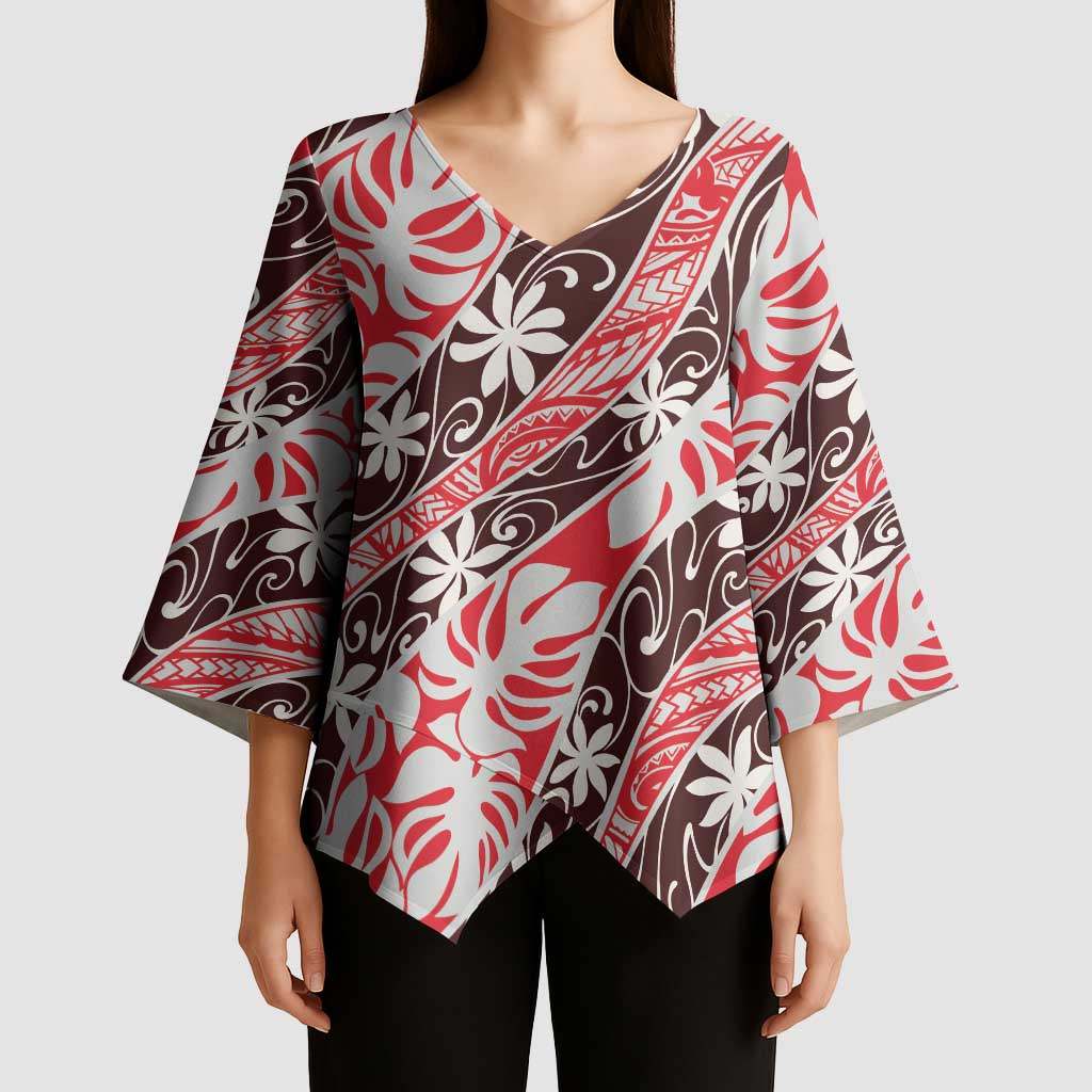 Uteute Tahiti Tiare Monstera Kimono Sleeve Blouse Polynesian Pattern Curve Style - Polynesian Pride