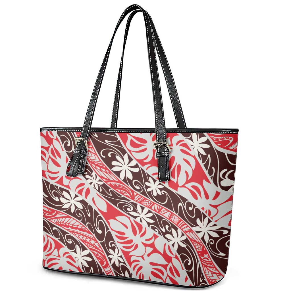 Uteute Tahiti Tiare Monstera Leather Tote Bag Polynesian Pattern Curve Style - Polynesian Pride