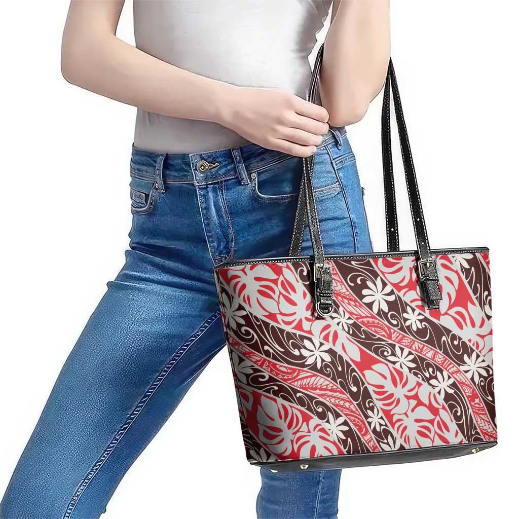 Uteute Tahiti Tiare Monstera Leather Tote Bag Polynesian Pattern Curve Style - Polynesian Pride