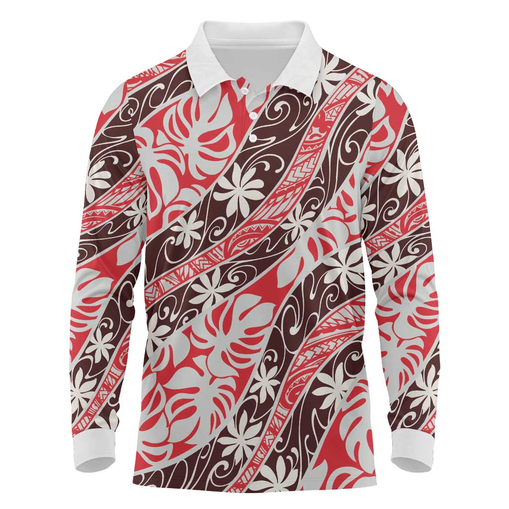 Uteute Tahiti Tiare Monstera Long Sleeve Polo Shirt Polynesian Pattern Curve Style - Polynesian Pride