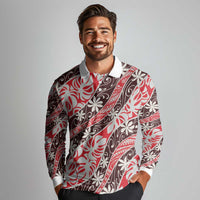 Uteute Tahiti Tiare Monstera Long Sleeve Polo Shirt Polynesian Pattern Curve Style - Polynesian Pride