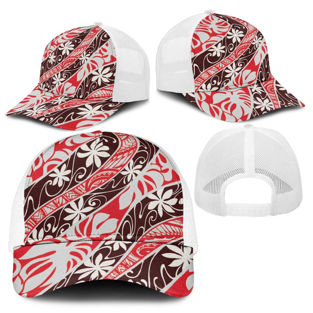 Uteute Tahiti Tiare Monstera Mesh Trucker Cap Polynesian Pattern Curve Style - Polynesian Pride