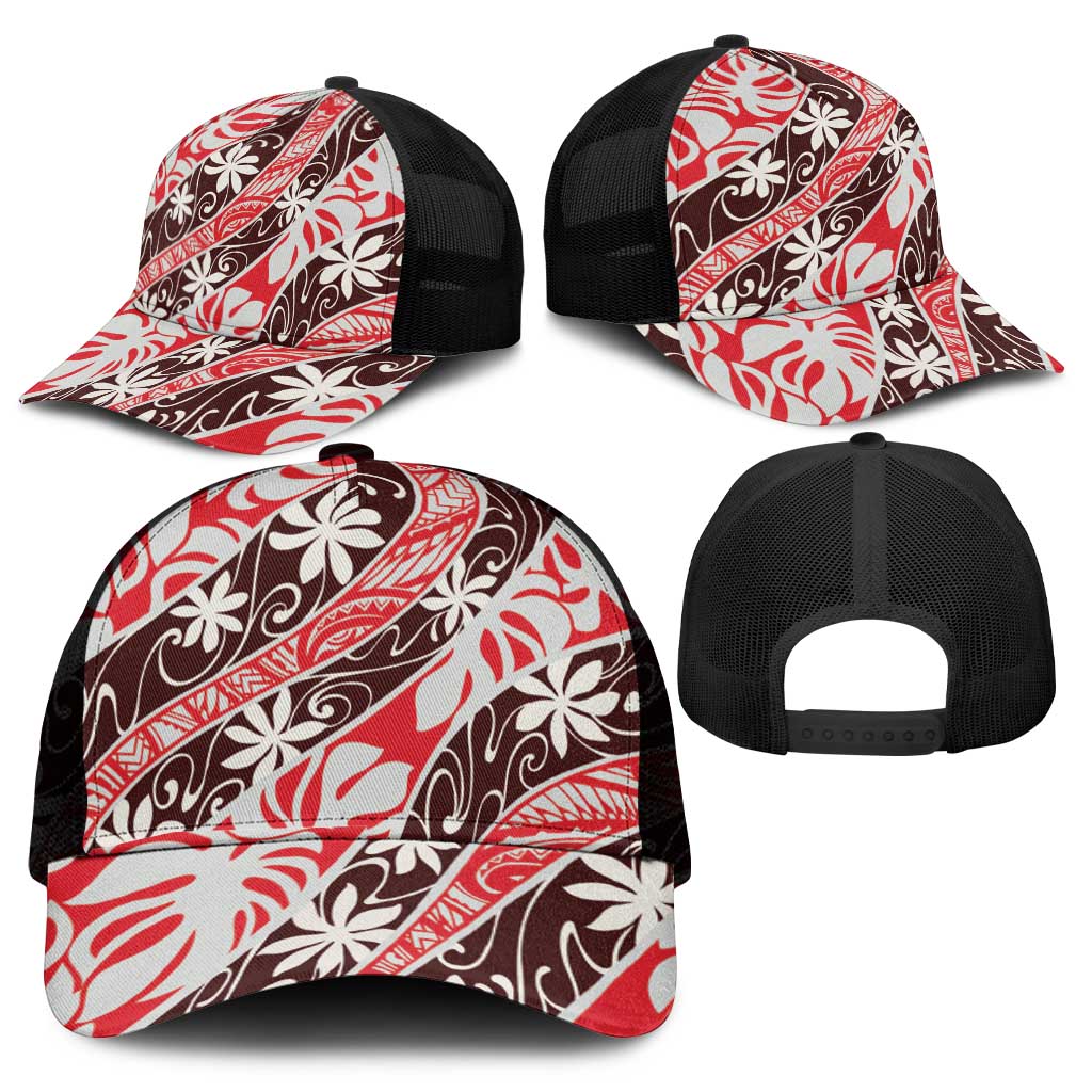 Uteute Tahiti Tiare Monstera Mesh Trucker Cap Polynesian Pattern Curve Style - Polynesian Pride