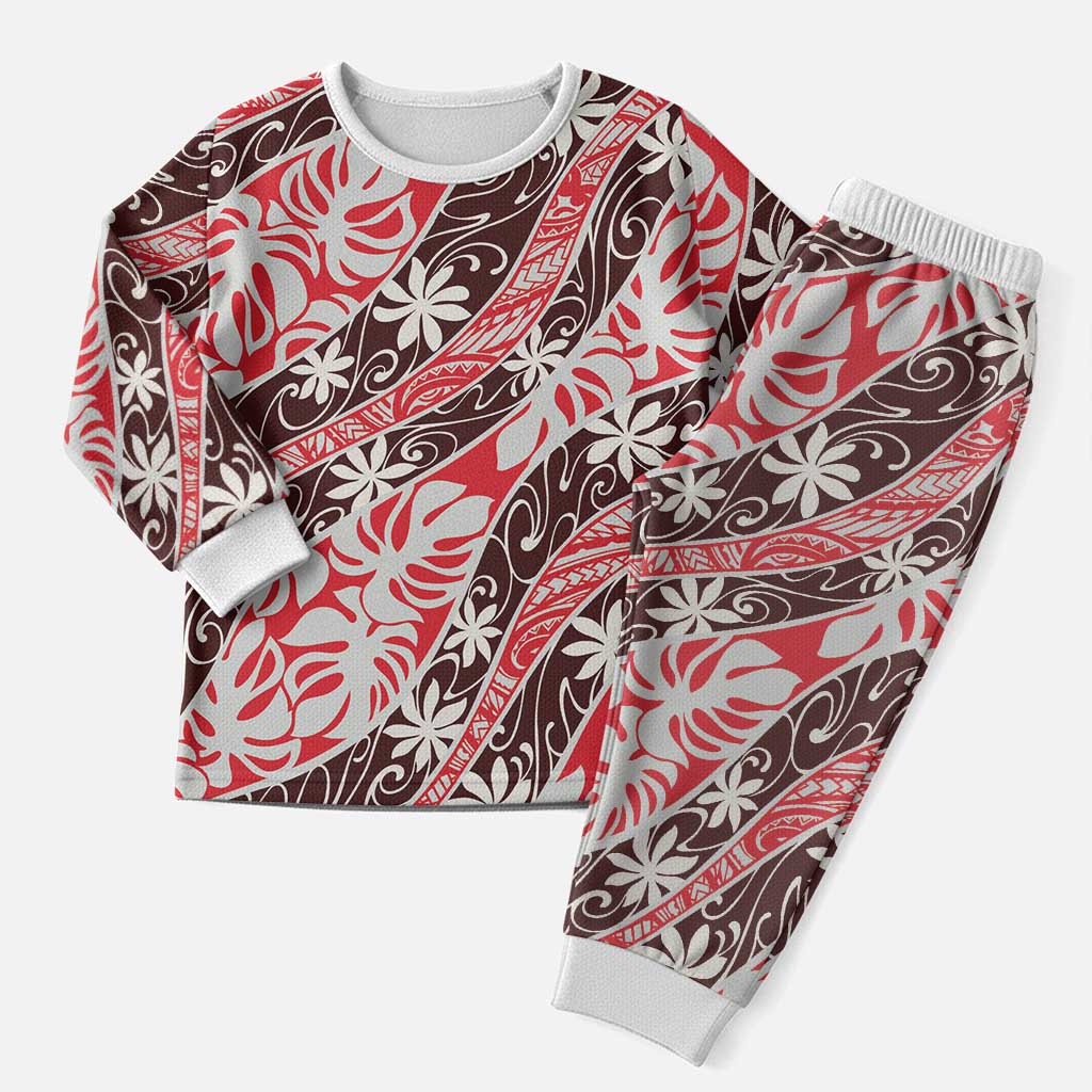 Uteute Tahiti Tiare Monstera Christmas Pajama Set Polynesian Pattern Curve Style - Polynesian Pride