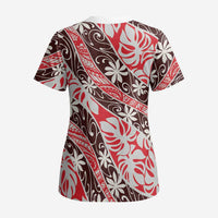 Uteute Tahiti Tiare Monstera Scrub Top Polynesian Pattern Curve Style - Polynesian Pride