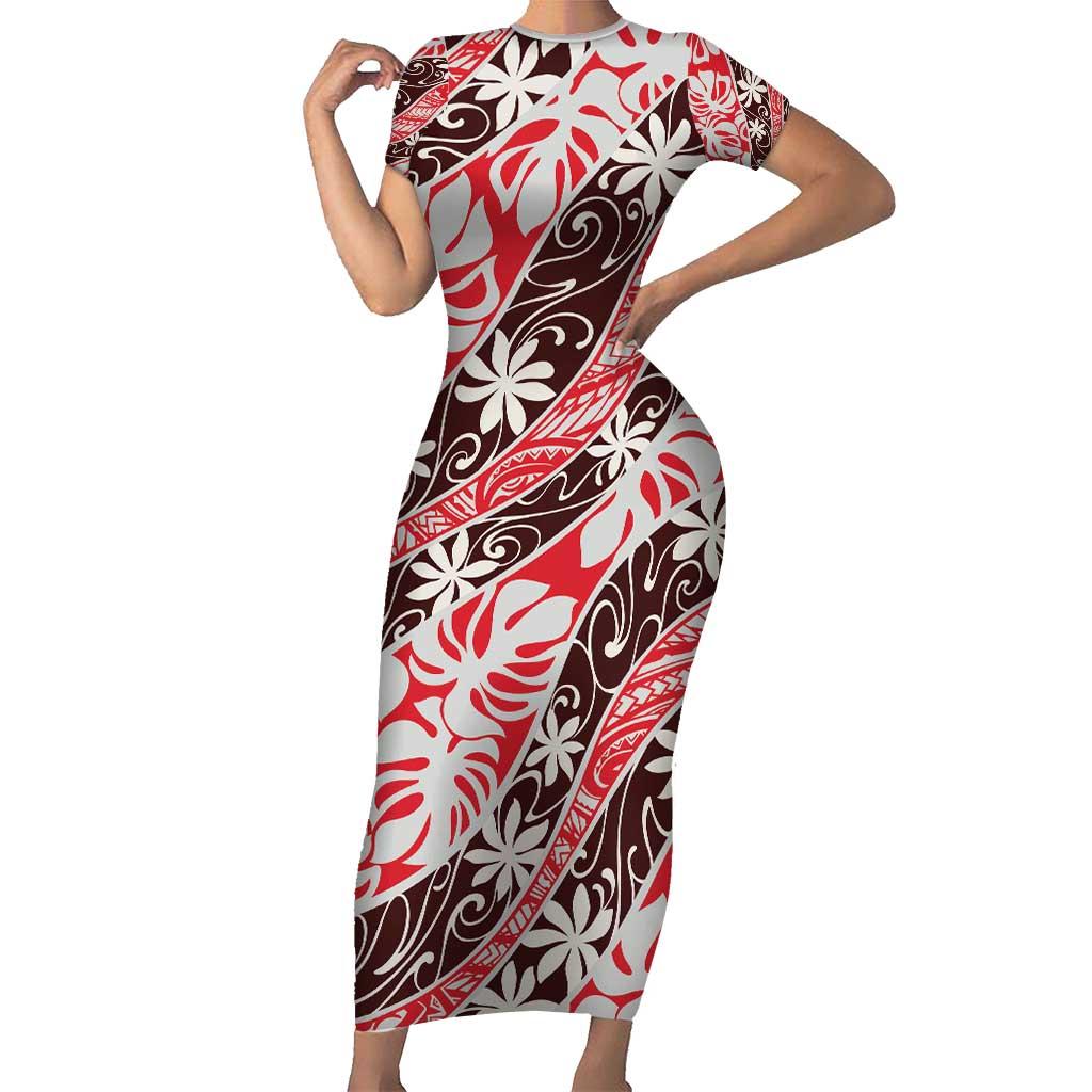 Uteute Tahiti Tiare Monstera Short Sleeve Bodycon Dress Polynesian Pattern Curve Style - Polynesian Pride