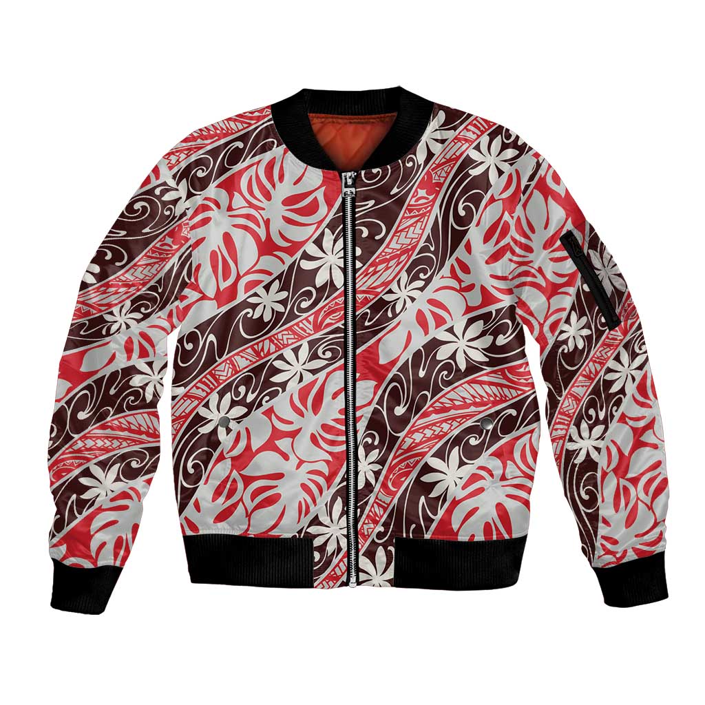 Uteute Tahiti Tiare Monstera Sleeve Zip Bomber Jacket Polynesian Pattern Curve Style - Polynesian Pride