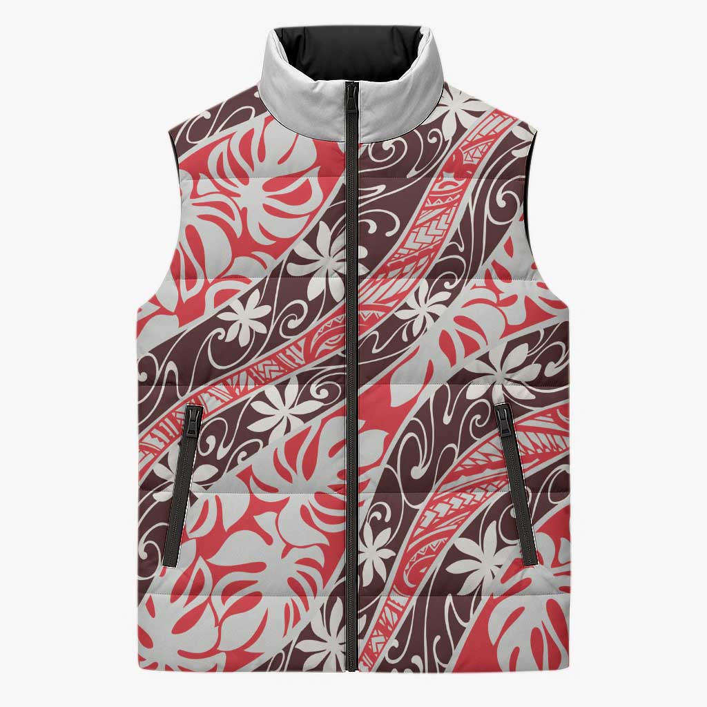 Uteute Tahiti Tiare Monstera Sleeveless Puffer Jacket Polynesian Pattern Curve Style - Polynesian Pride