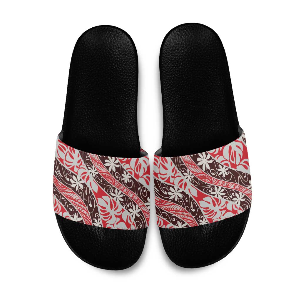 Uteute Tahiti Tiare Monstera Slide Sandals Polynesian Pattern Curve Style - Polynesian Pride