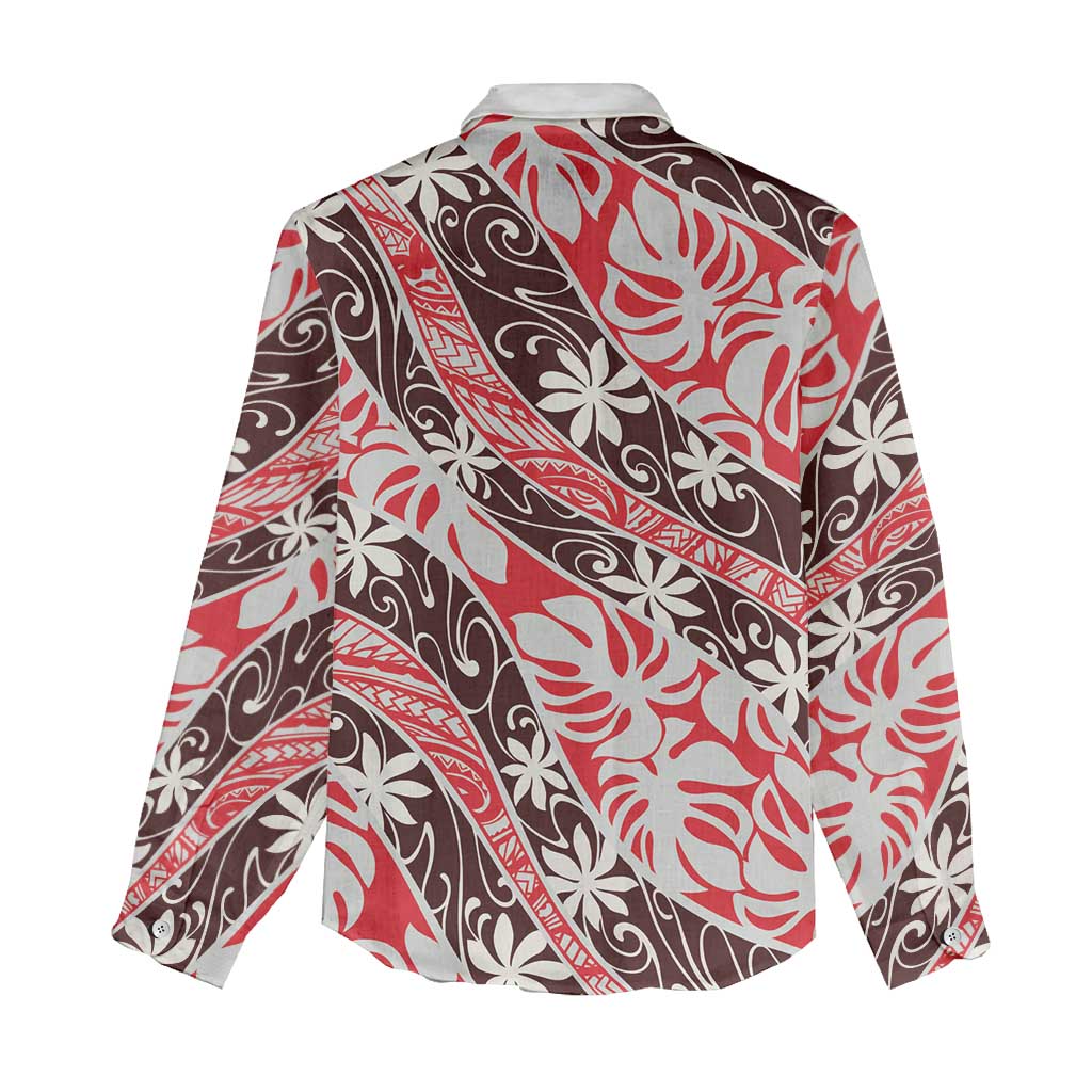 Uteute Tahiti Tiare Monstera Women Casual Shirt Polynesian Pattern Curve Style - Polynesian Pride