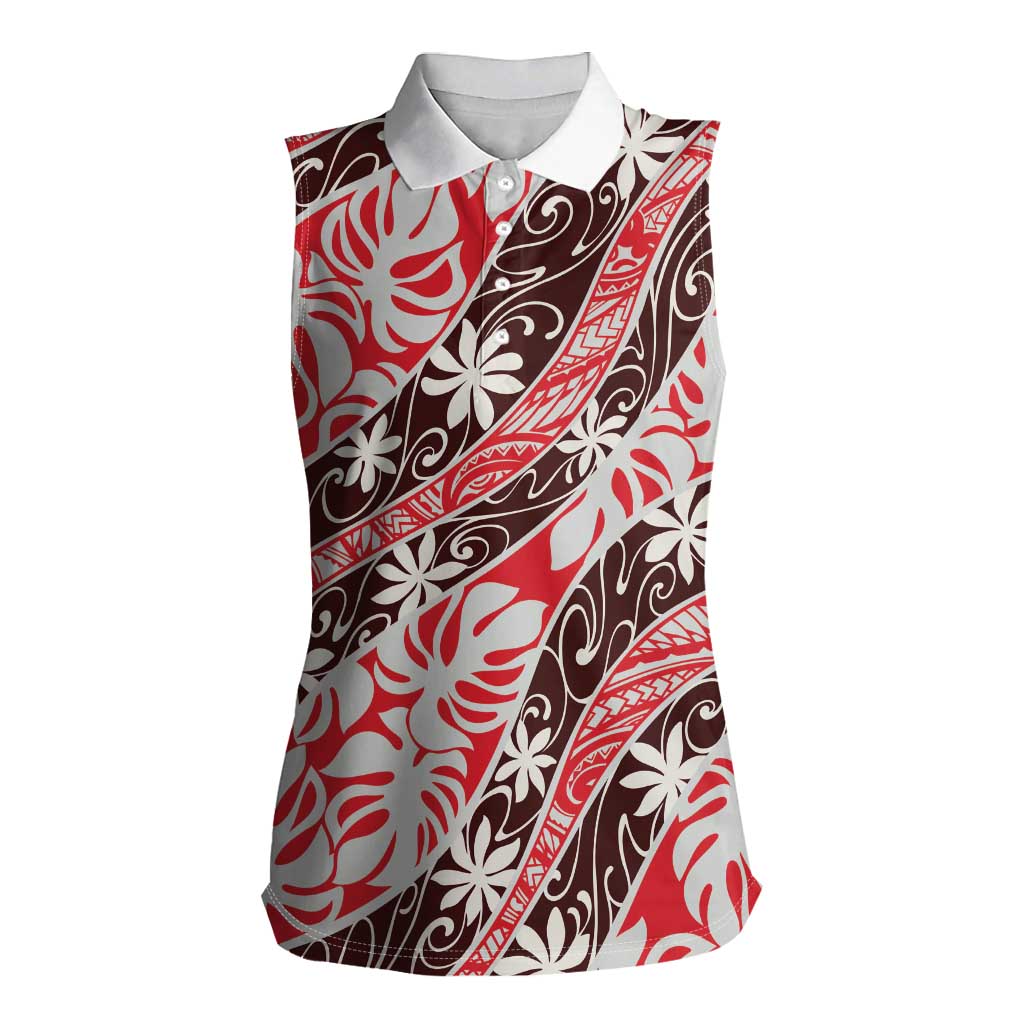 Uteute Tahiti Tiare Monstera Women Sleeveless Polo Shirt Polynesian Pattern Curve Style - Polynesian Pride