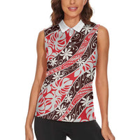 Uteute Tahiti Tiare Monstera Women Sleeveless Polo Shirt Polynesian Pattern Curve Style - Polynesian Pride