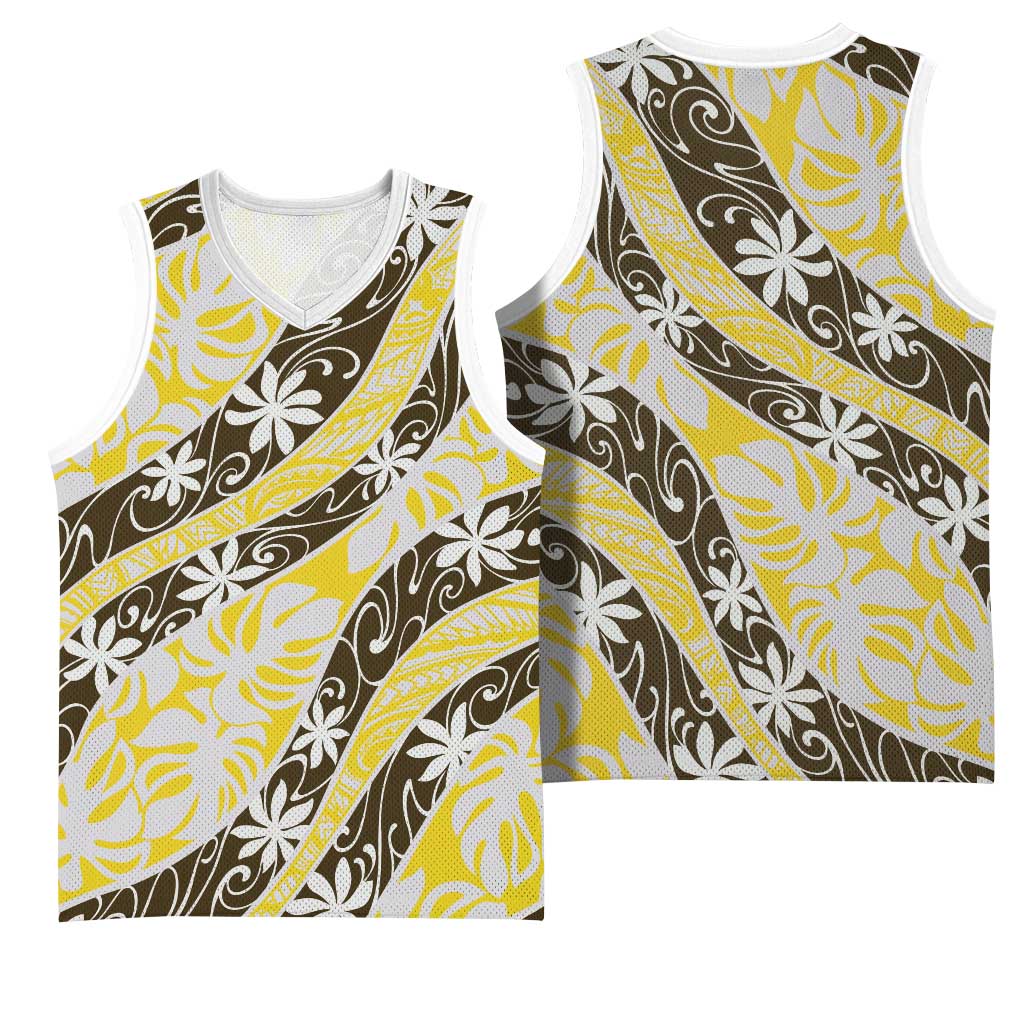 Rearea Tahiti Tiare Monstera Basketball Jersey Polynesian Pattern Curve Style - Polynesian Pride