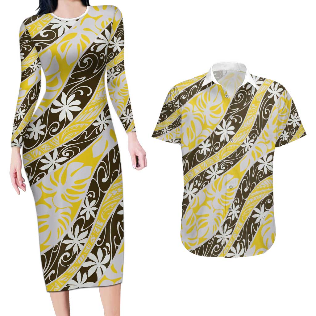 Rearea Tahiti Tiare Monstera Couples Matching Long Sleeve Bodycon Dress and Hawaiian Shirt Polynesian Pattern Curve Style - Polynesian Pride