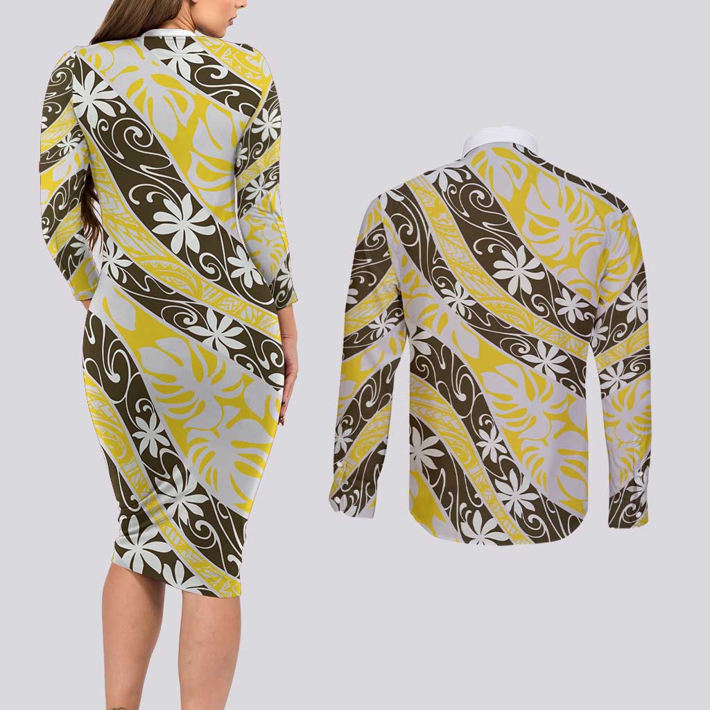 Rearea Tahiti Tiare Monstera Couples Matching Long Sleeve Bodycon Dress and Long Sleeve Button Shirt Polynesian Pattern Curve Style - Polynesian Pride