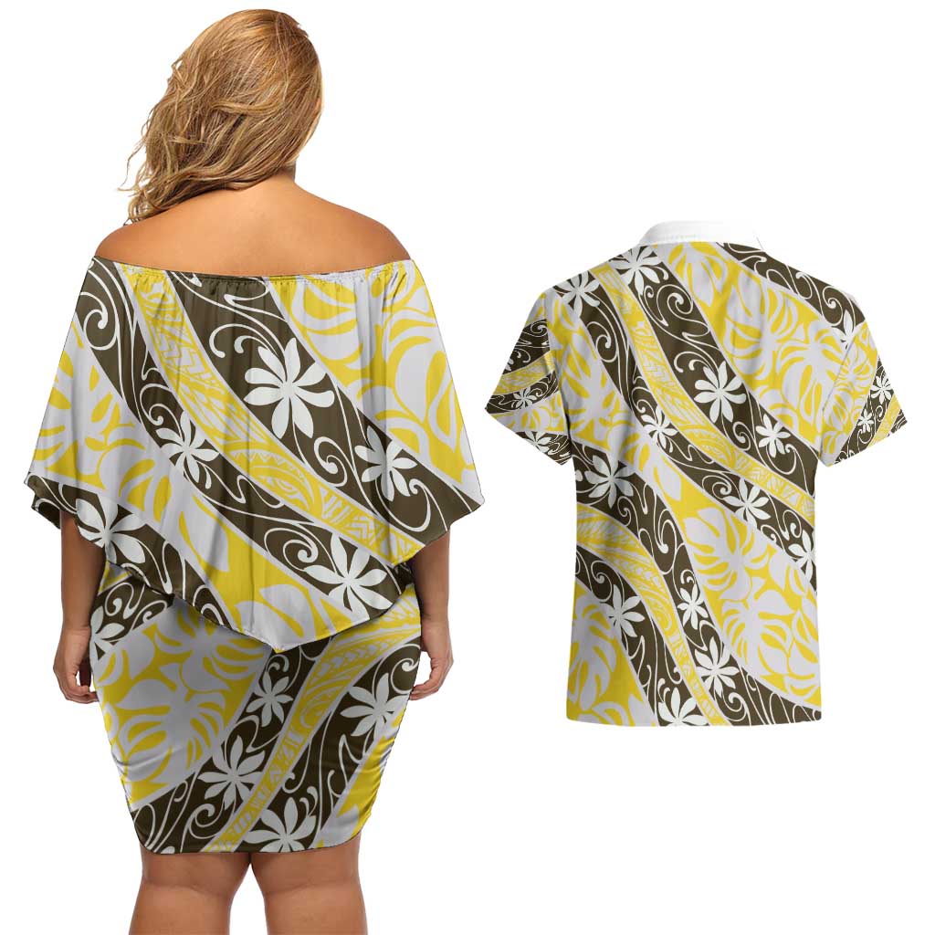 Rearea Tahiti Tiare Monstera Couples Matching Off Shoulder Short Dress and Hawaiian Shirt Polynesian Pattern Curve Style - Polynesian Pride
