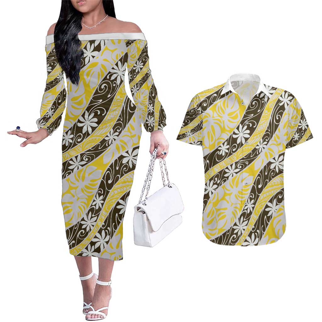 Rearea Tahiti Tiare Monstera Couples Matching Off The Shoulder Long Sleeve Dress and Hawaiian Shirt Polynesian Pattern Curve Style - Polynesian Pride